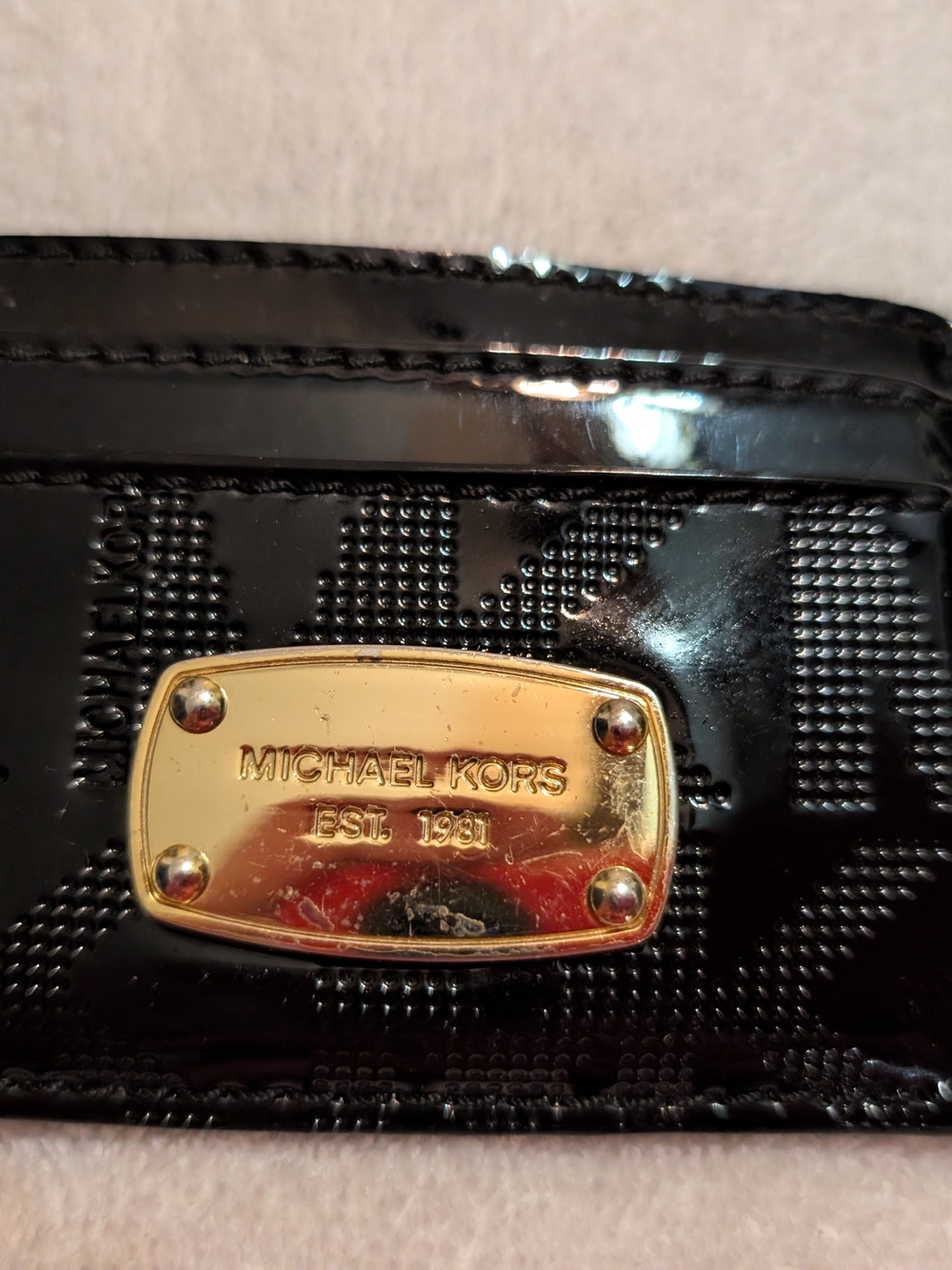 Michael Kors Black Patent Credit Card Wallet with Gold Logo Plaque